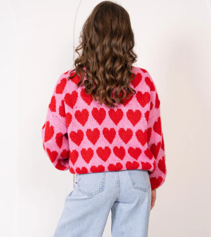 Valentine's Day pink heart jacquard short knitted sweater