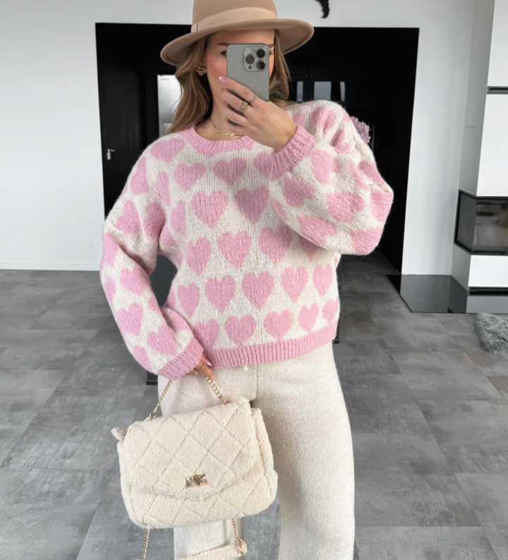 Valentine's Day pink heart jacquard short knitted sweater