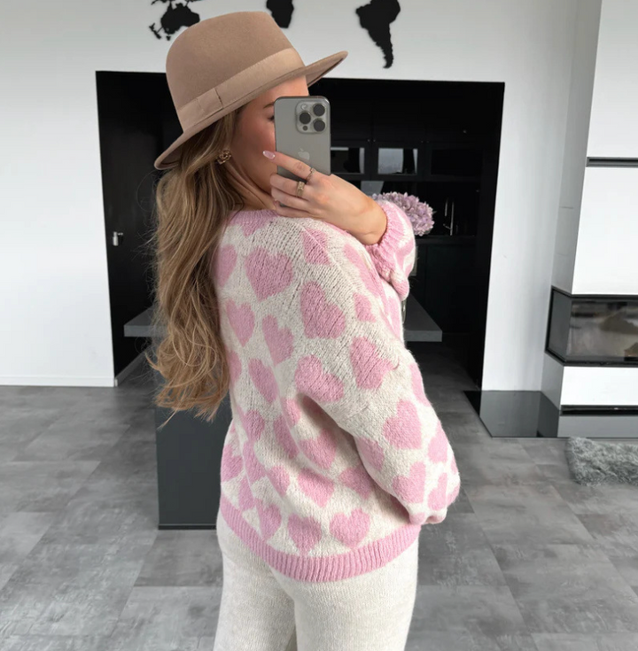 Valentine's Day pink heart jacquard short knitted sweater