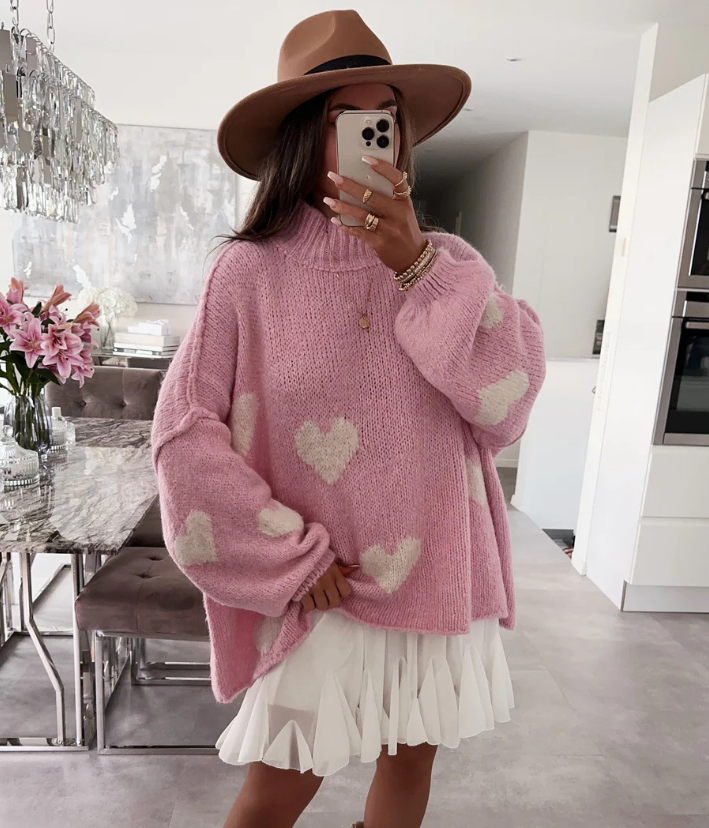 Valentine's Day Heart Jacquard Color Block Loose Knit Sweater Pullover