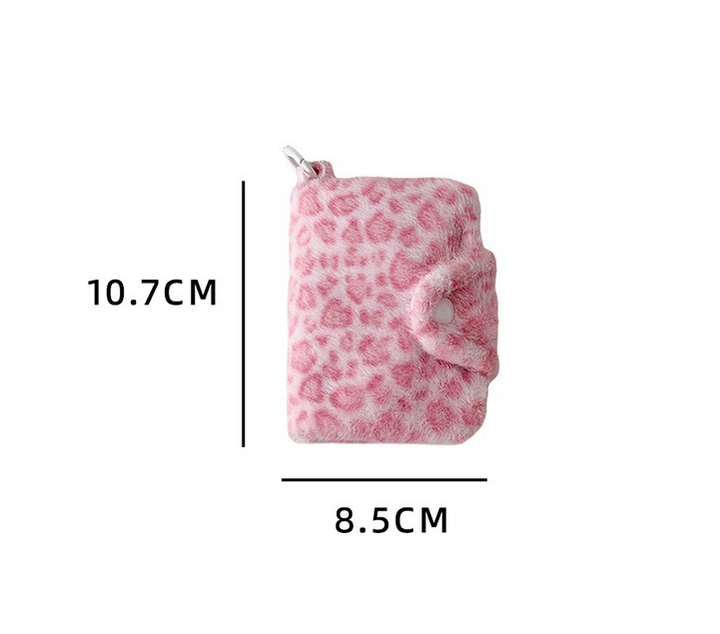 Fluffy leopard small wallet with snap closure for girls