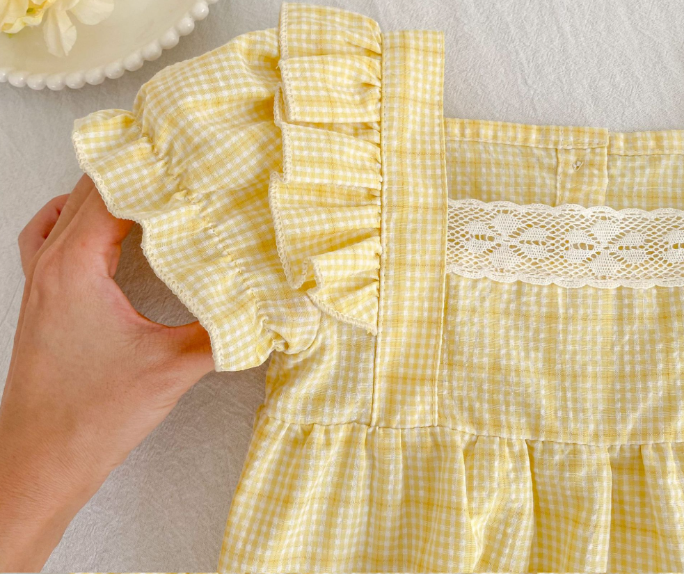 Baby yellow plaid puff sleeve bodysuit romper