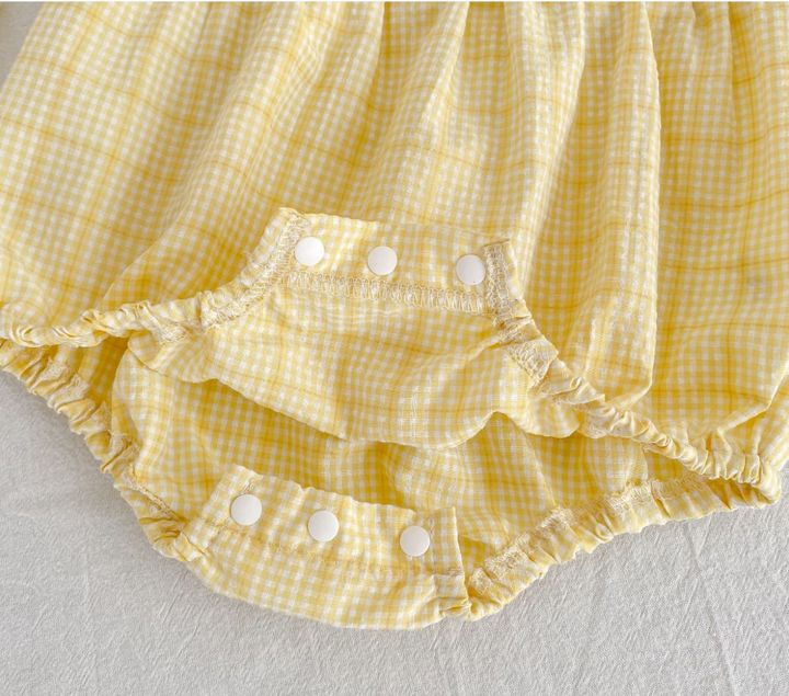 Baby yellow plaid puff sleeve bodysuit romper