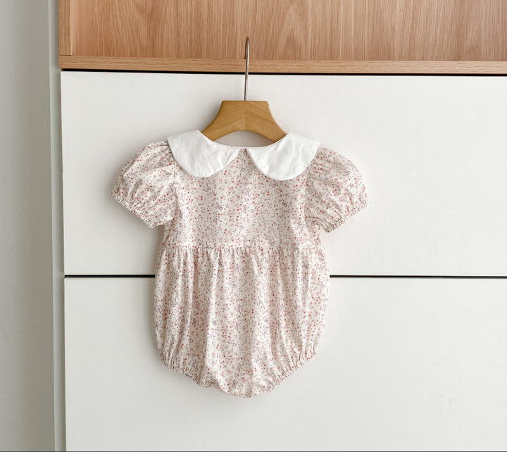 Pink floral bow embroidered baby bodysuit romper