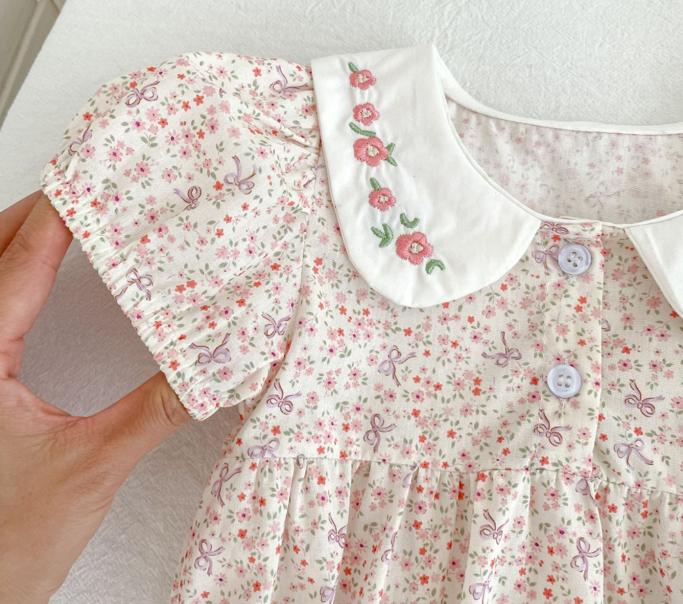 Pink floral bow embroidered baby bodysuit romper