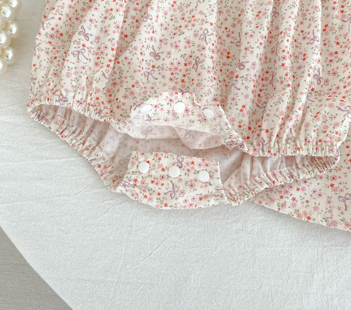 Pink floral bow embroidered baby bodysuit romper