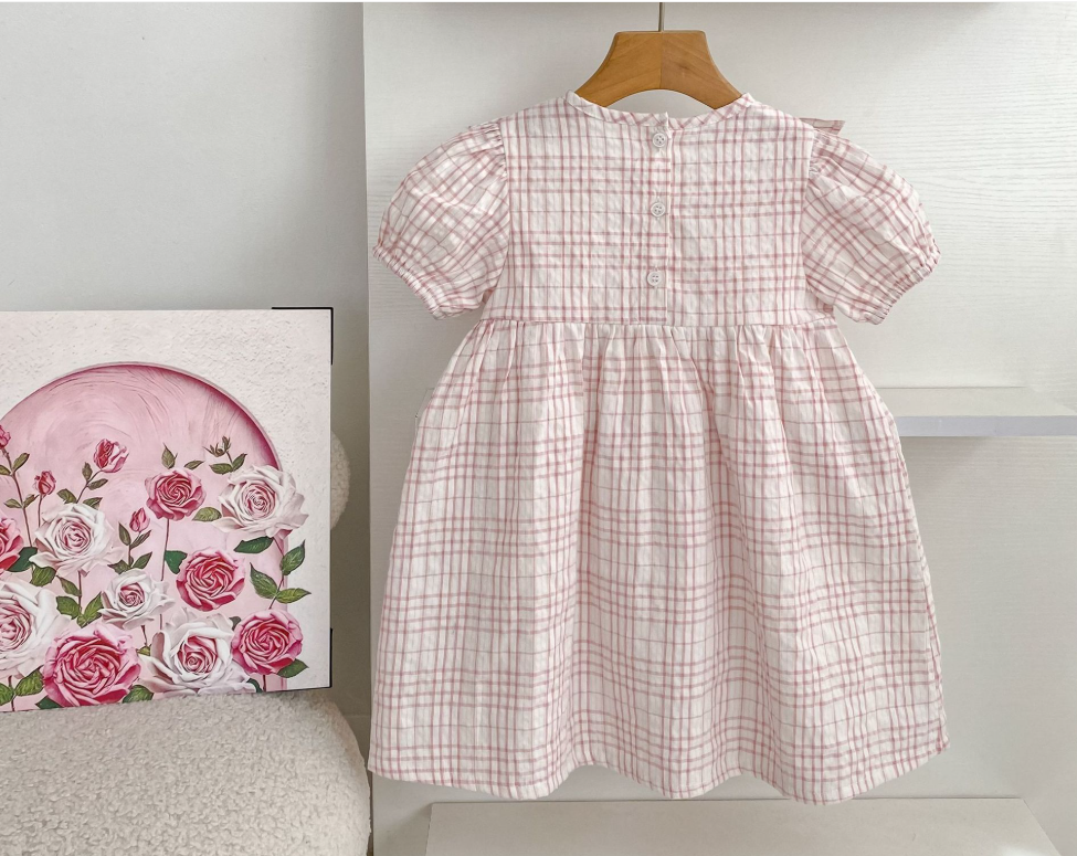 Girls' plaid floral embroidered short-sleeved dress