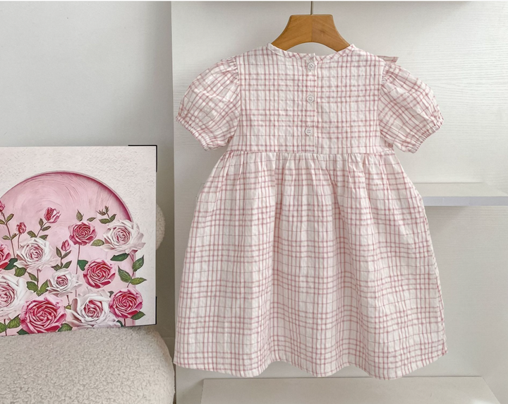 Girls' plaid floral embroidered short-sleeved dress