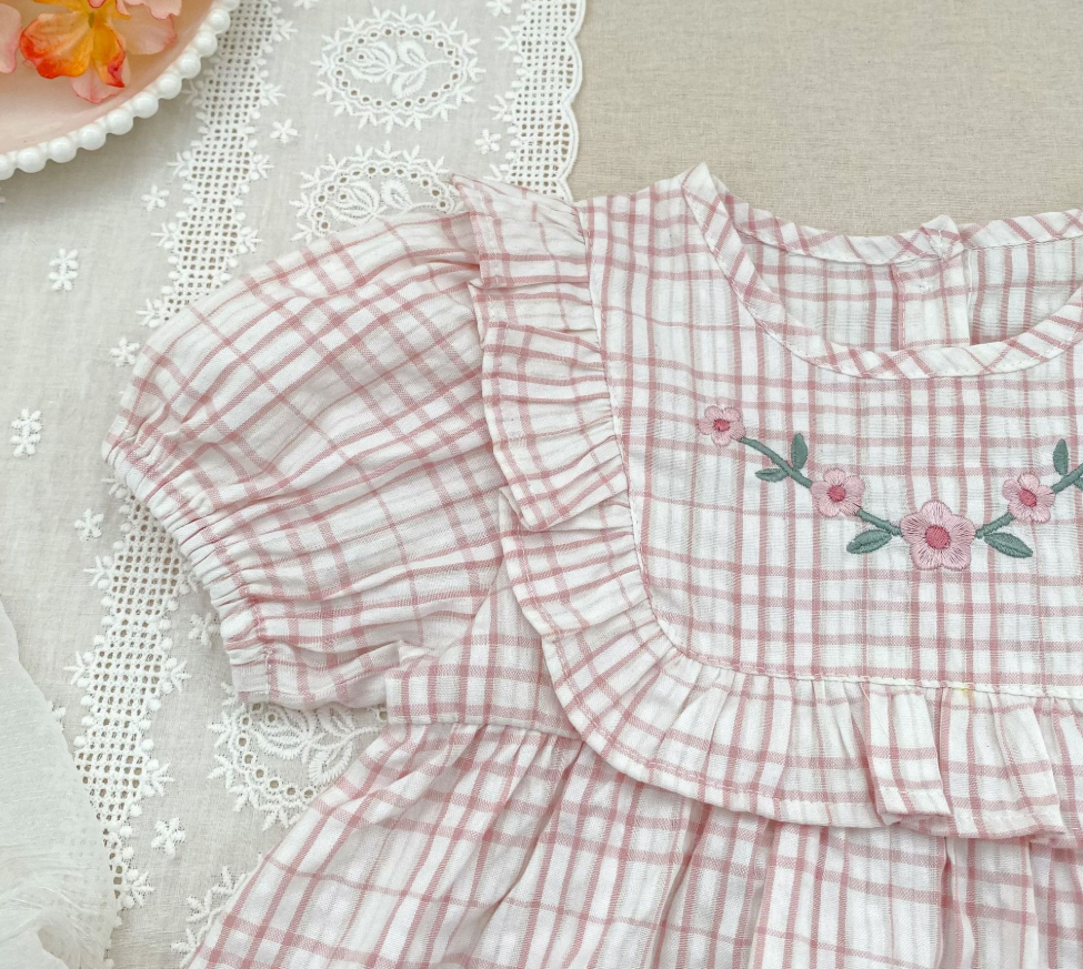 Girls' plaid floral embroidered short-sleeved dress