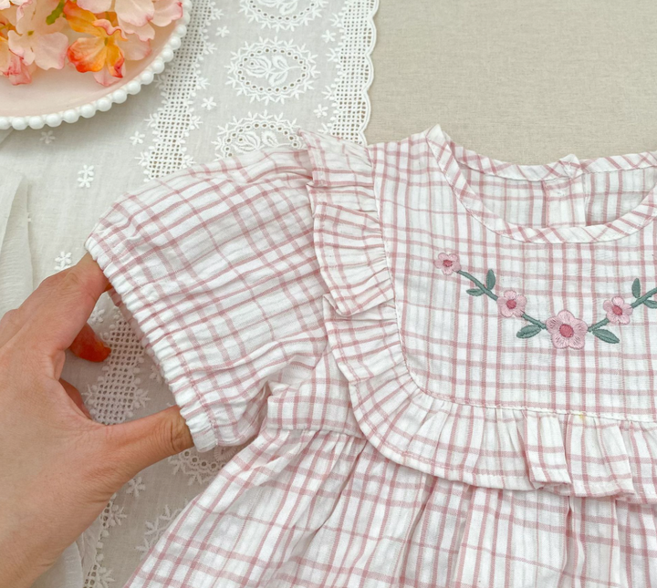 Girls' plaid floral embroidered short-sleeved dress