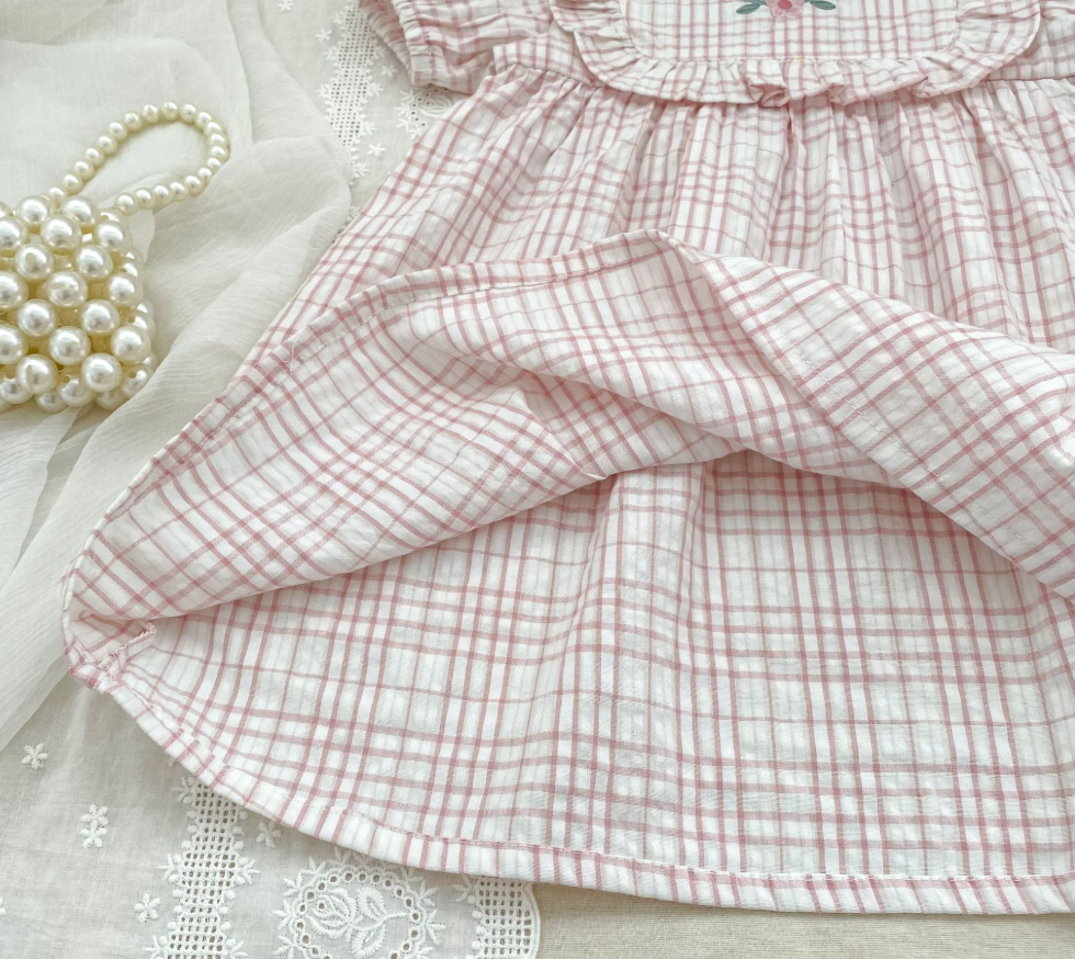 Girls' plaid floral embroidered short-sleeved dress