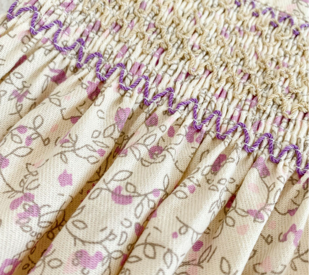 Lavender purple floral print smocked dress for girls