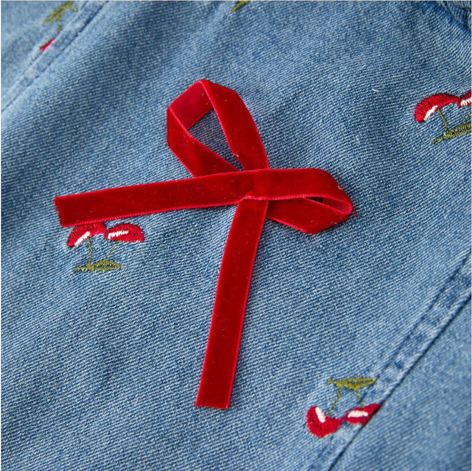 Girls' Sweet cherry embroidery denim dress