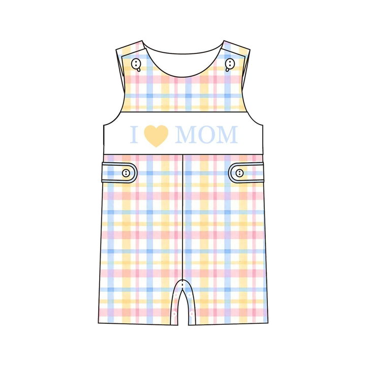 Candy-colored plaid “I LOVE MOM” embroidered sibling outfits