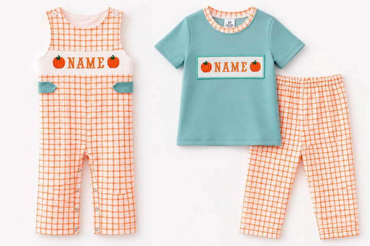 Custom Embroidery Name Orange Plaid Pumpkin Sibling Clothing Collection