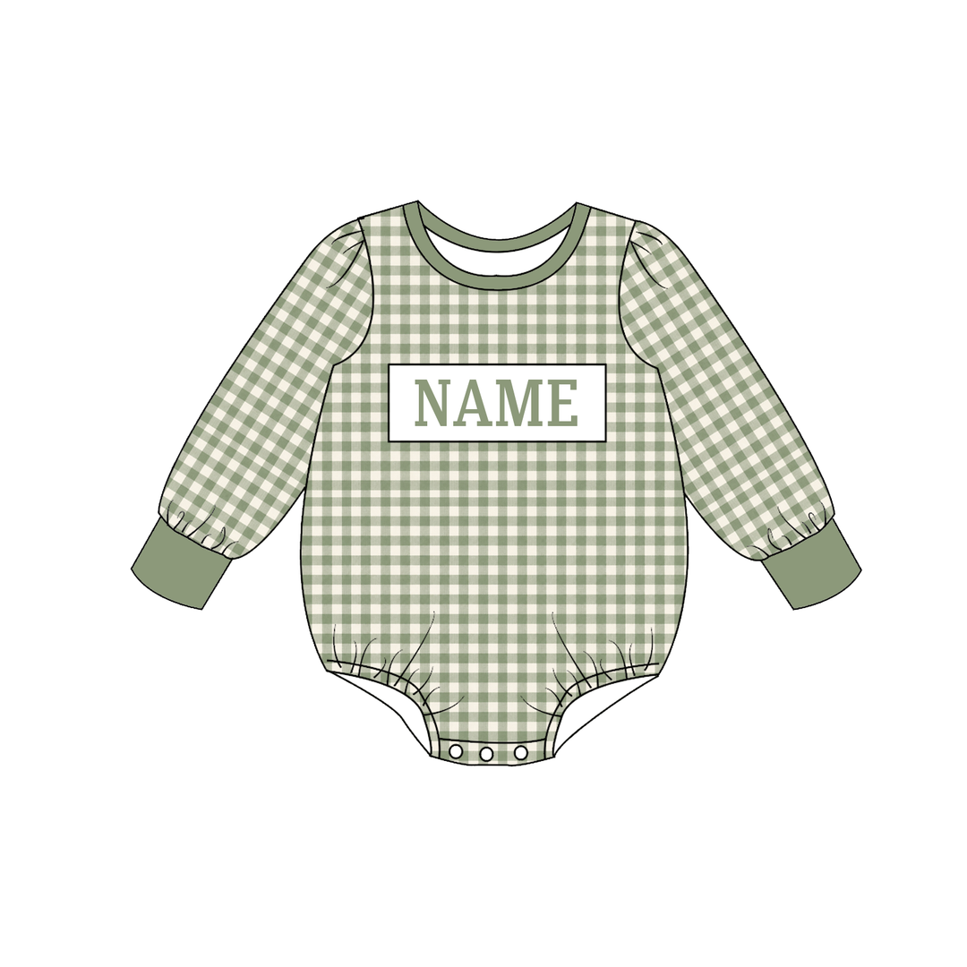 Personalized Custom Name Sage Green Gingham Plaid Sibling Matching Outfits