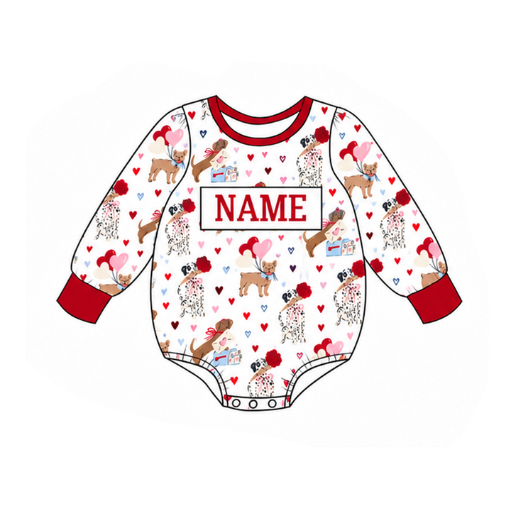 Custom Name Valentine Puppy Bubble Romper Dog Heart Print Ruffle Dress Sibling Outfits