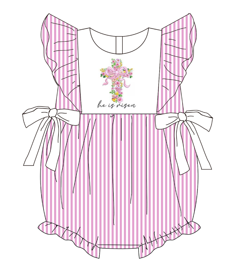 Pink stripe floral cross embroidery sibling outfits for Easter