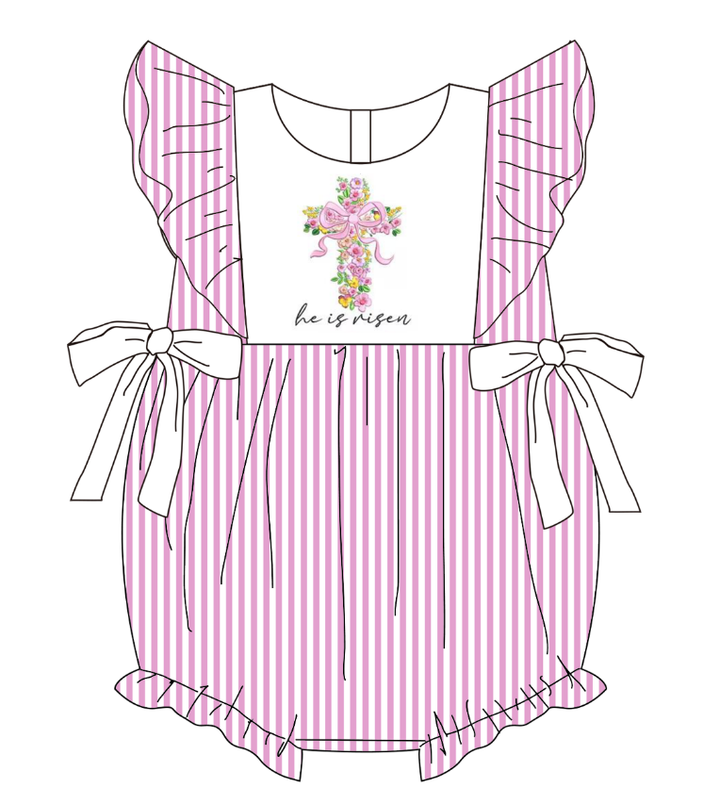 Pink stripe floral cross embroidery sibling outfits for Easter