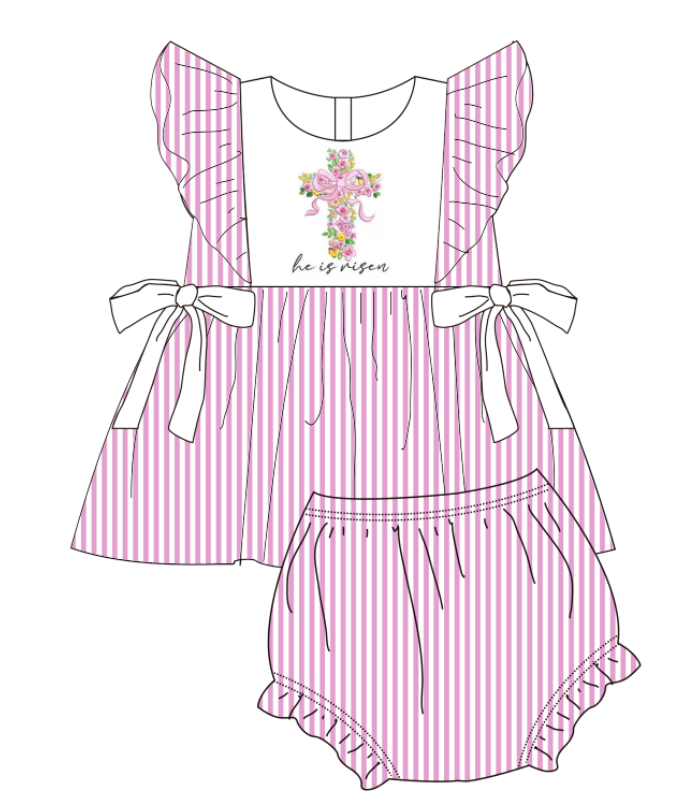Pink stripe floral cross embroidery sibling outfits for Easter