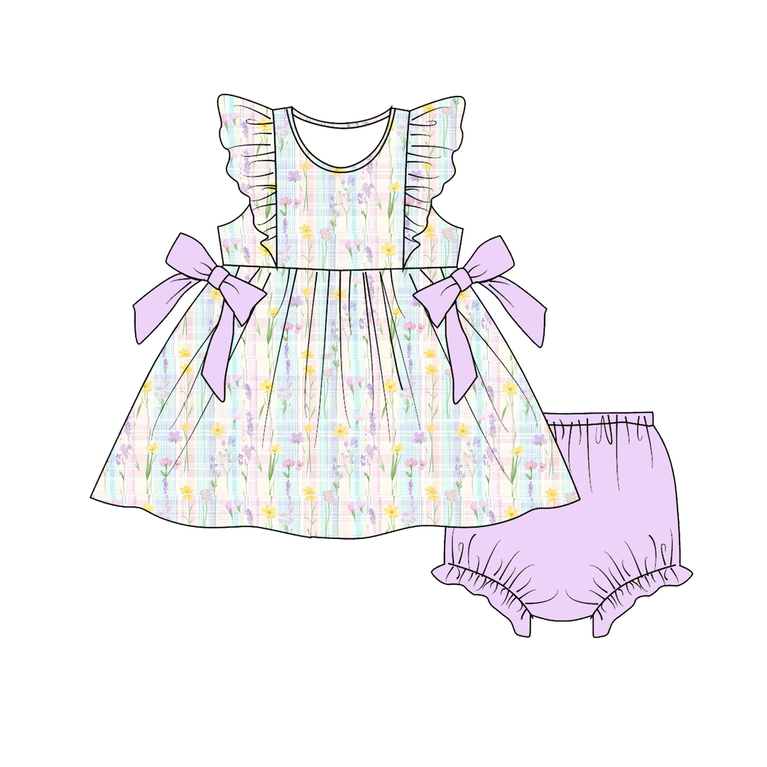 Easter Purple floral bowknot ruffle dress sibling outfits
