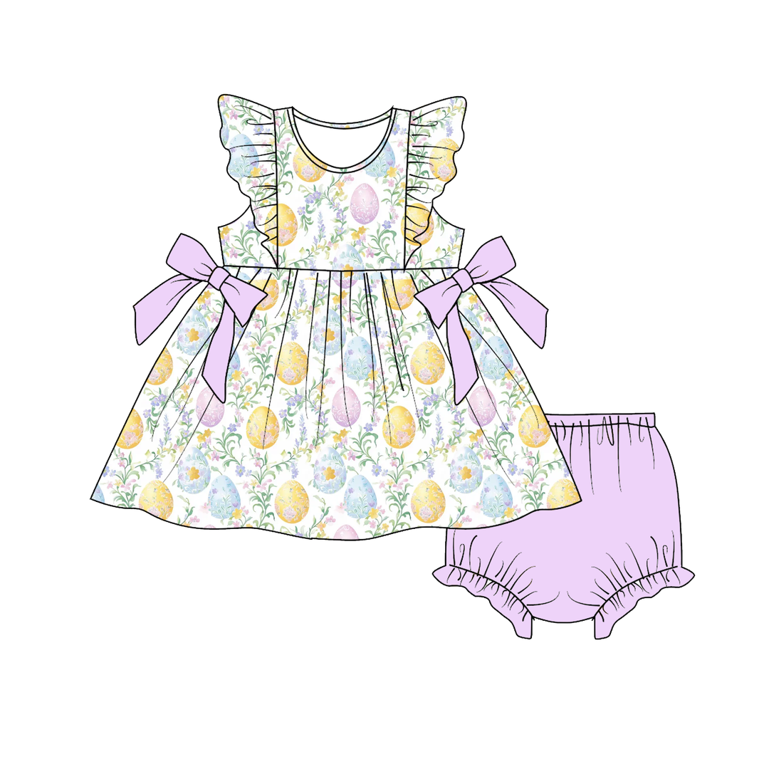 Easter Purple floral bowknot ruffle dress sibling outfits