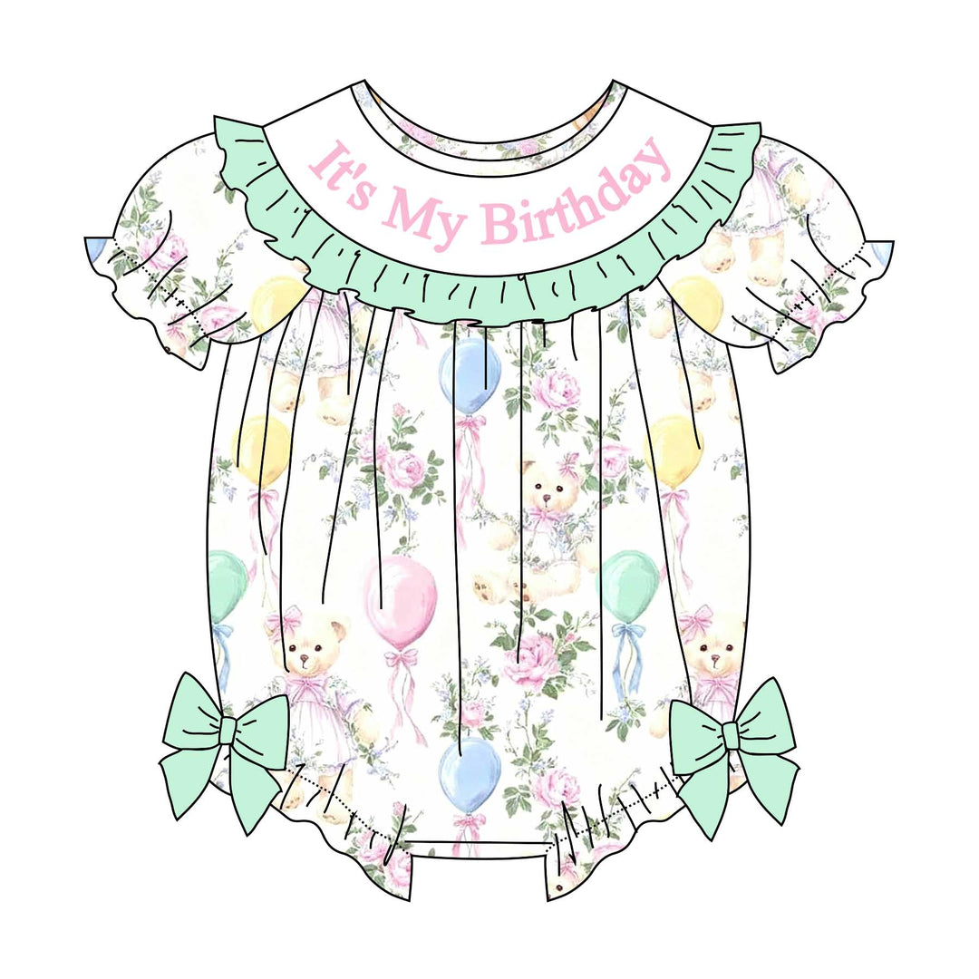 Birthday-themed embroidery bowknot ruffle princess dress romper