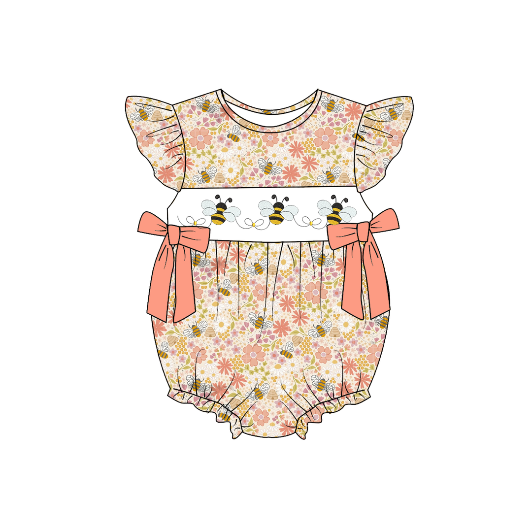 Cute bee embroidered flower print bowknot dress&romper