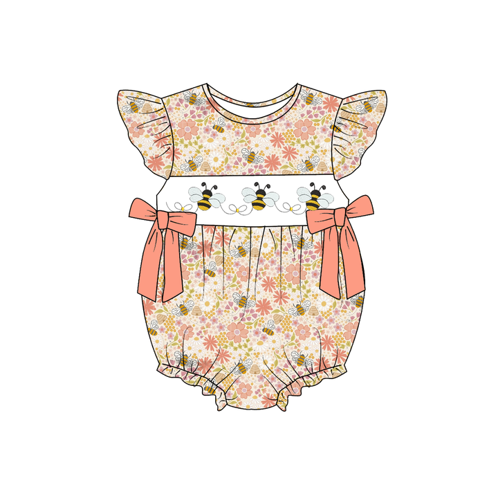 Cute bee embroidered flower print bowknot dress&romper