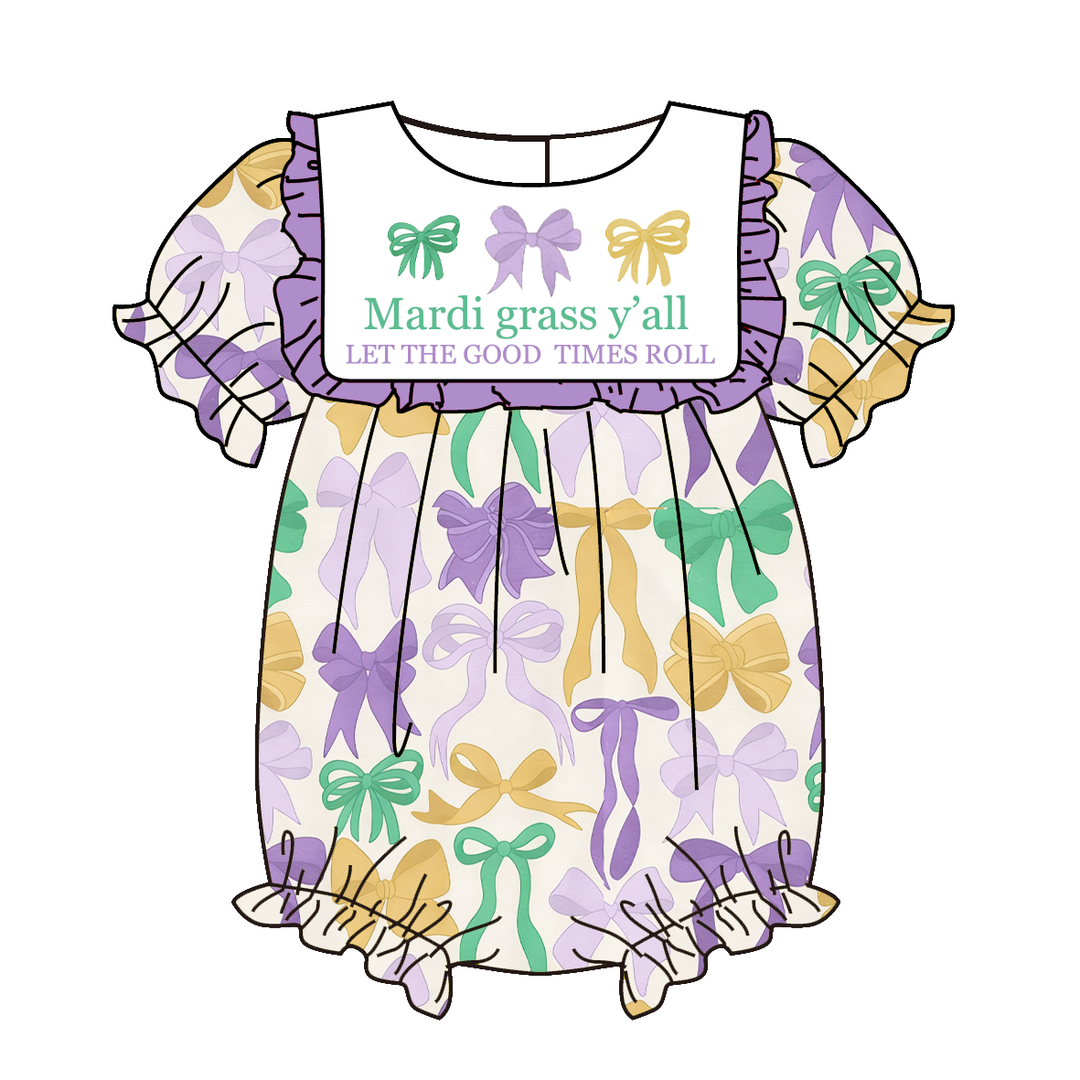 Mardi Gras themed embroidery bow printed sisters outfit