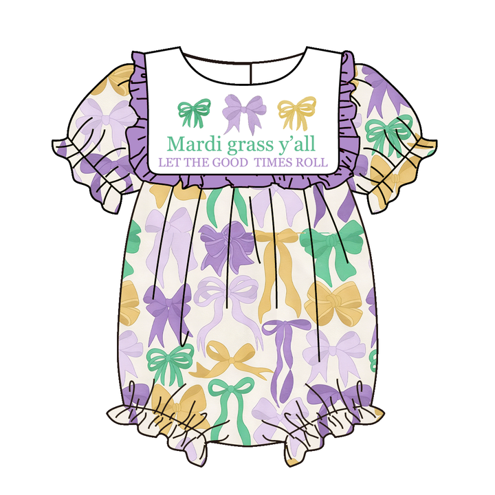 Mardi Gras themed embroidery bow printed sisters outfit