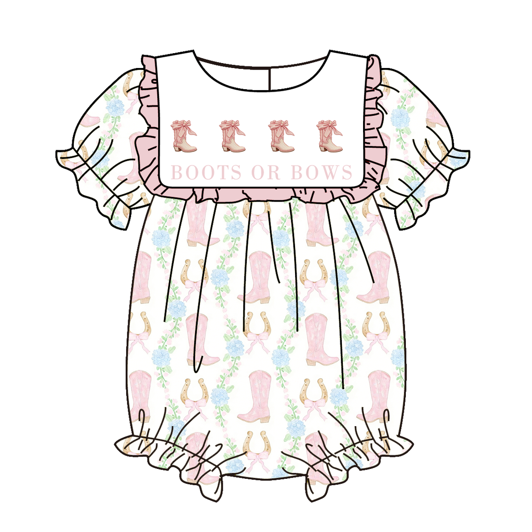 Girls’ Short-Sleeve Ruffle Dress with Boots&Bows embroidery