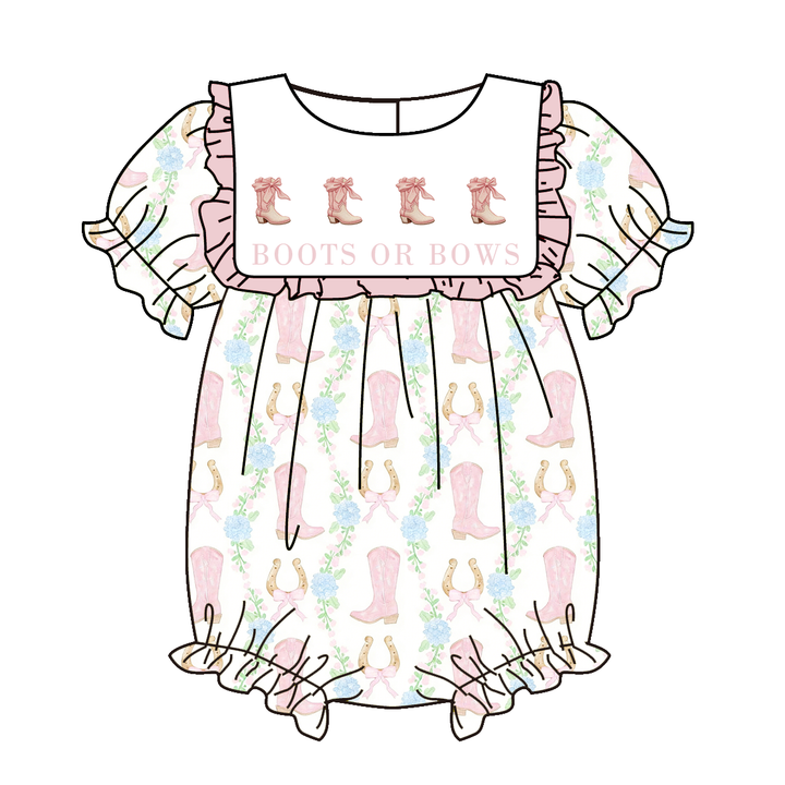 Girls’ Short-Sleeve Ruffle Dress with Boots&Bows embroidery
