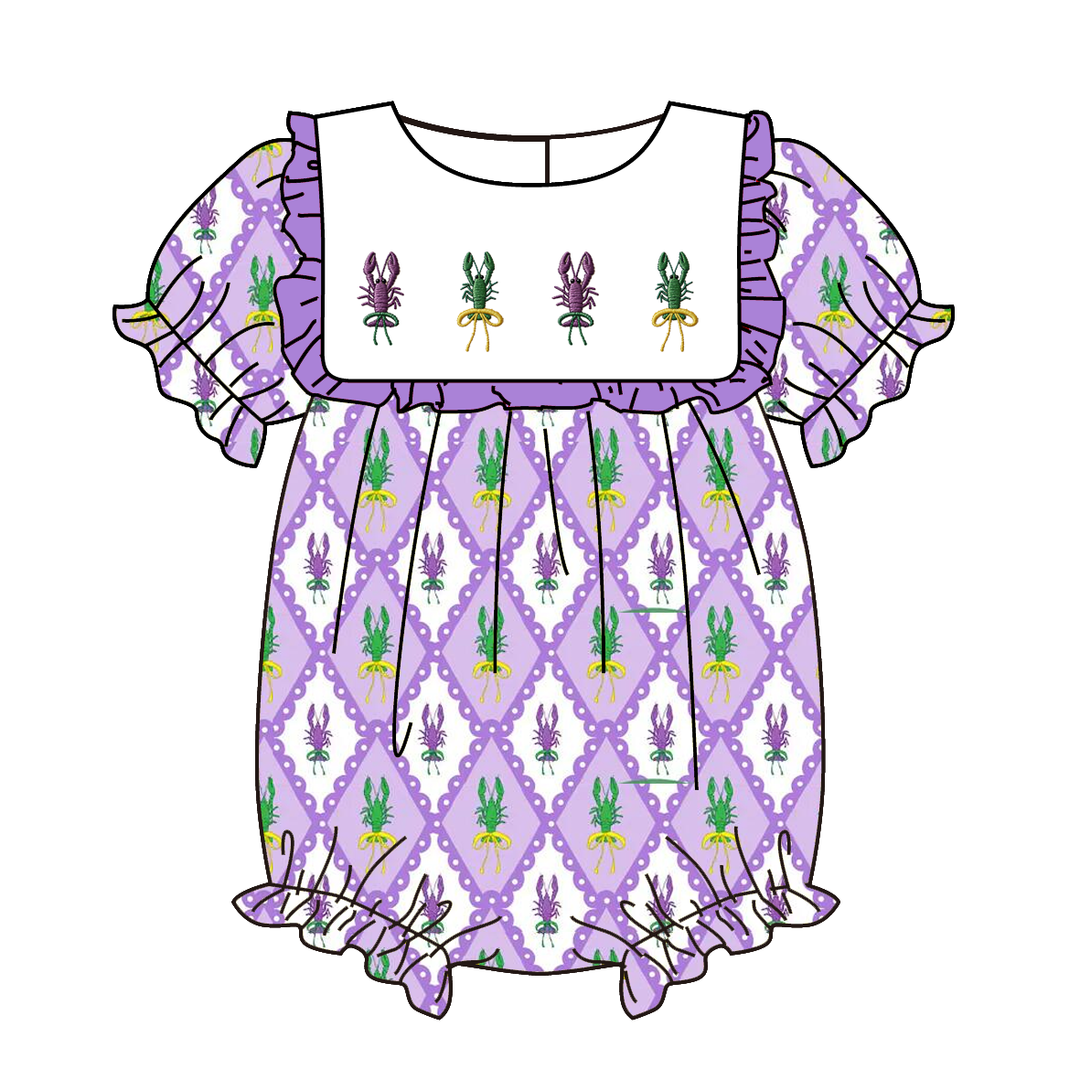 Mardi Gras themed embroidery purple diamond print sisters outfit