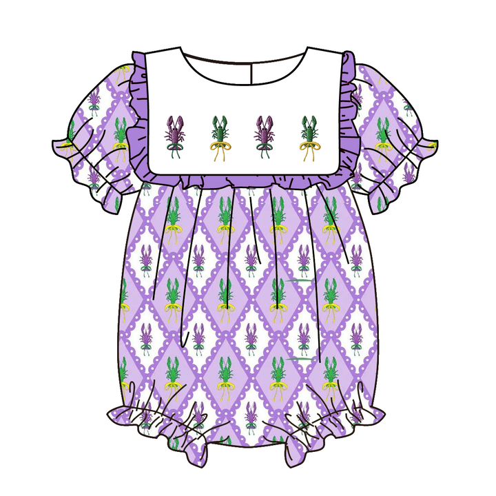 Mardi Gras themed embroidery purple diamond print sisters outfit
