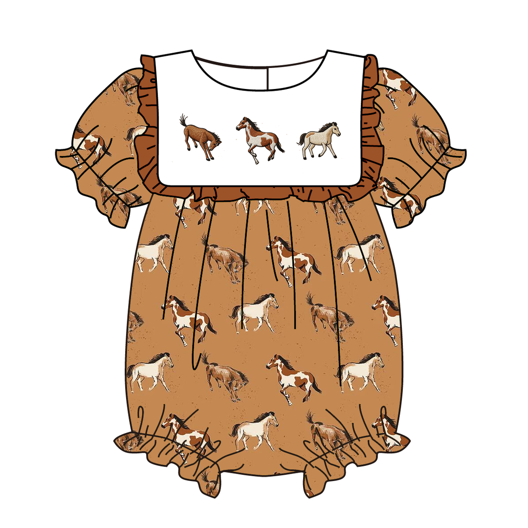 Western cool girls horse embroidery dress&romper for sisters