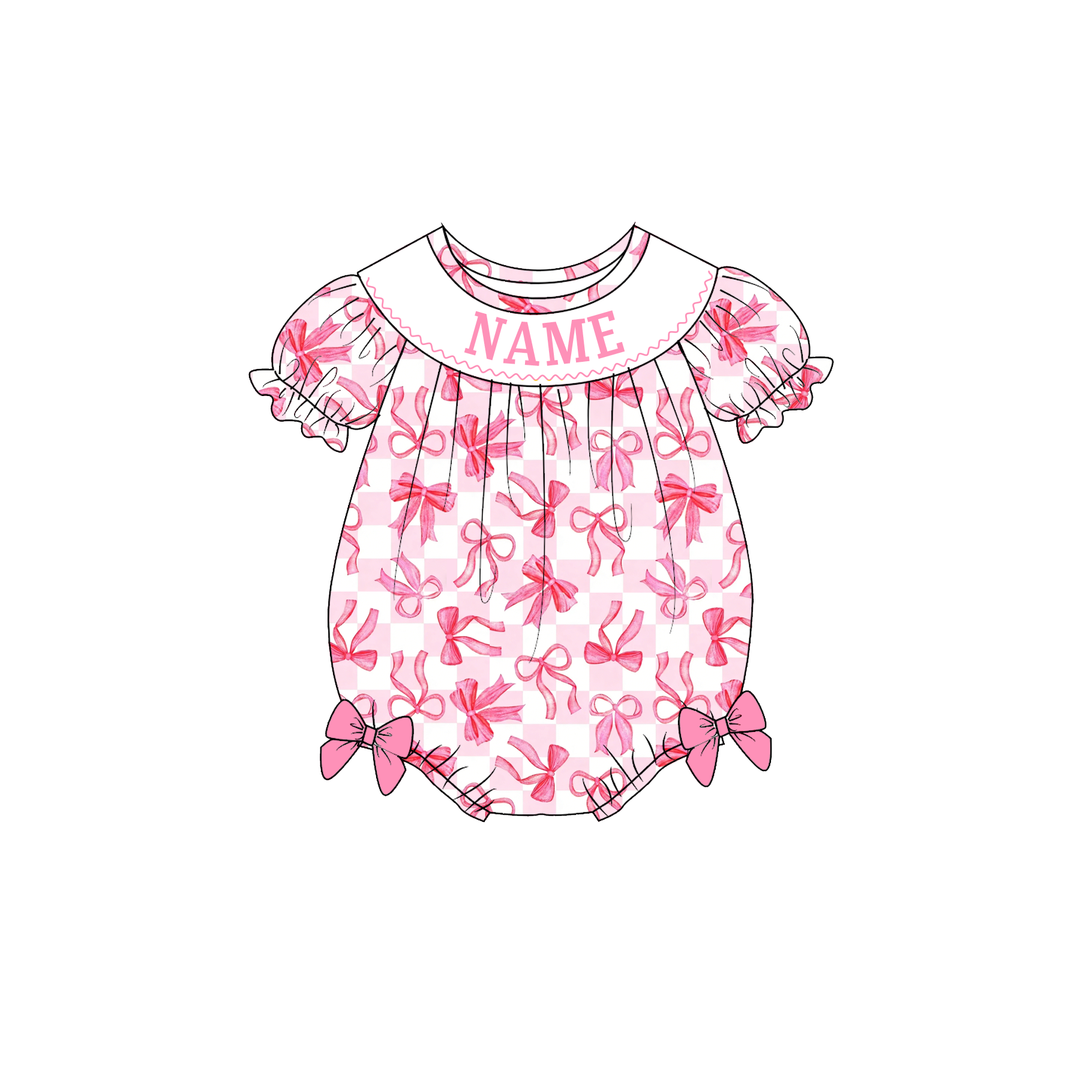 Sweet pink bow printed embroidery smocked romper-Customizable
