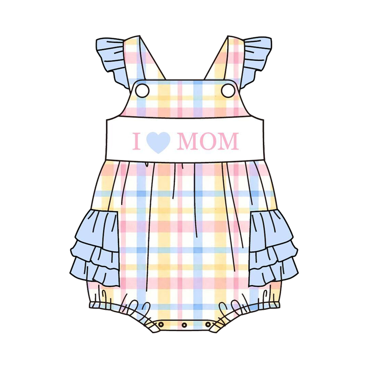 Candy-colored plaid “I LOVE MOM” embroidered sibling outfits