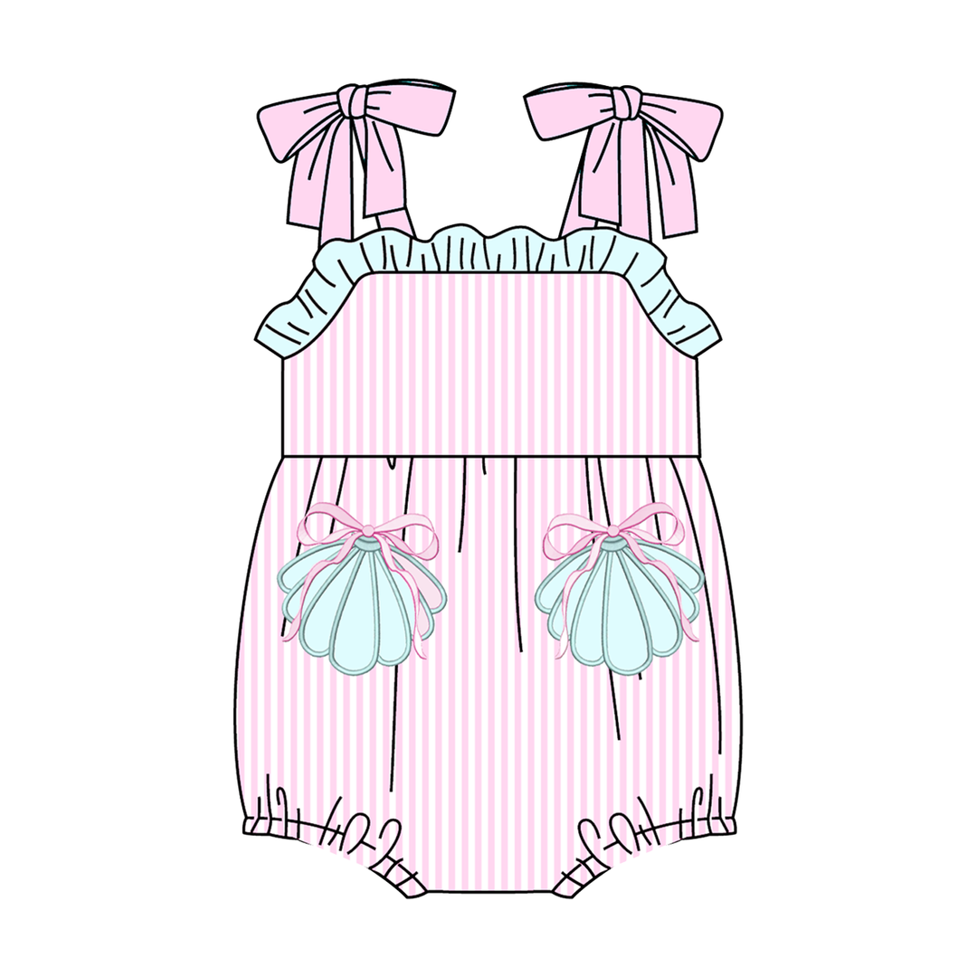 Pink&teal shell embroidery applique sibling outfits for summer