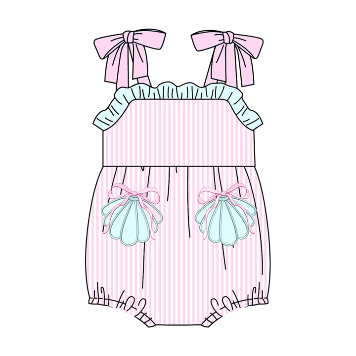 Pink&teal shell embroidery applique sibling outfits for summer