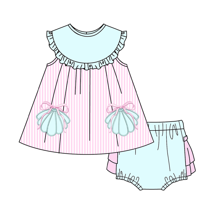 Pink&teal shell embroidery applique sibling outfits for summer