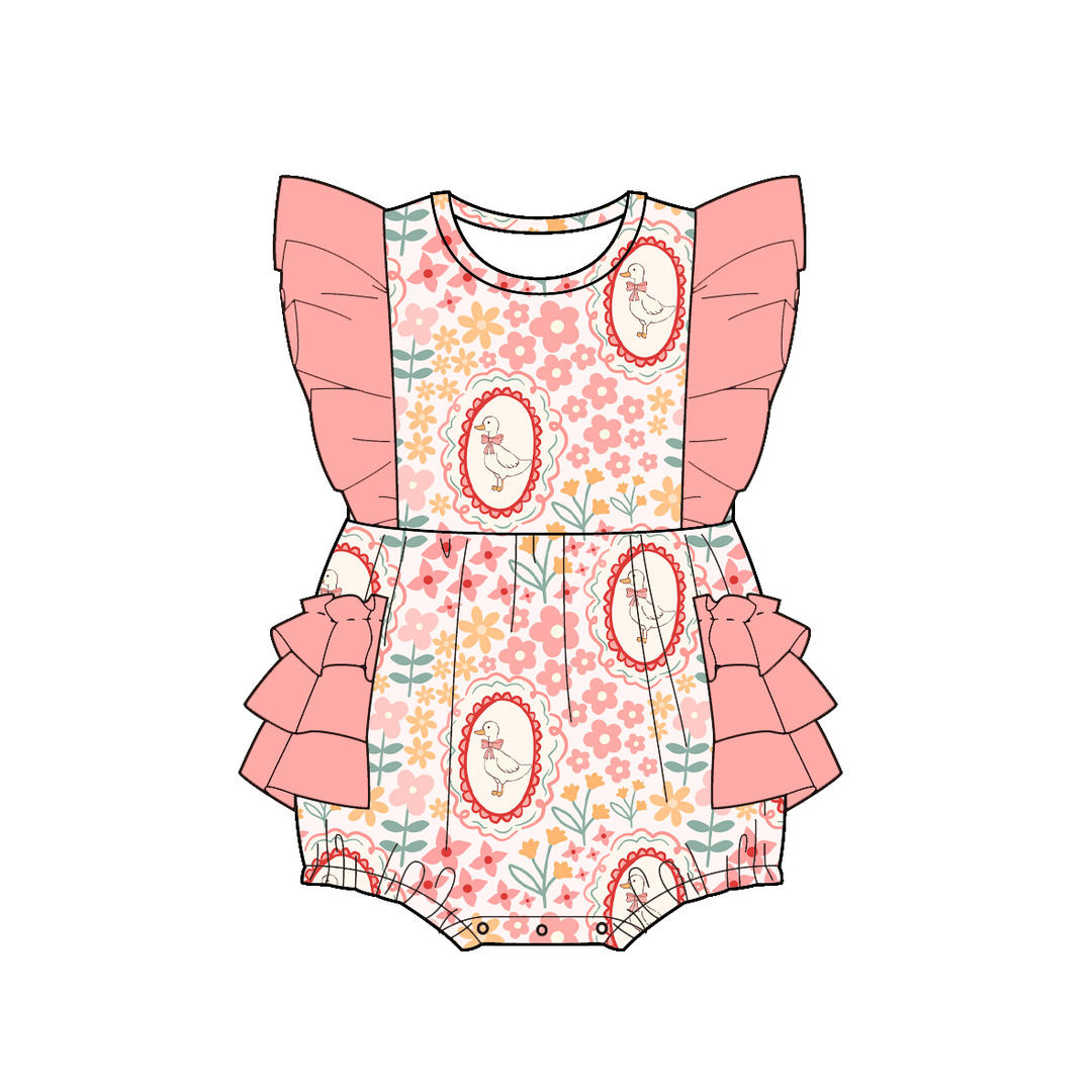 Girls' peach floral goose printed summer sibling outfits