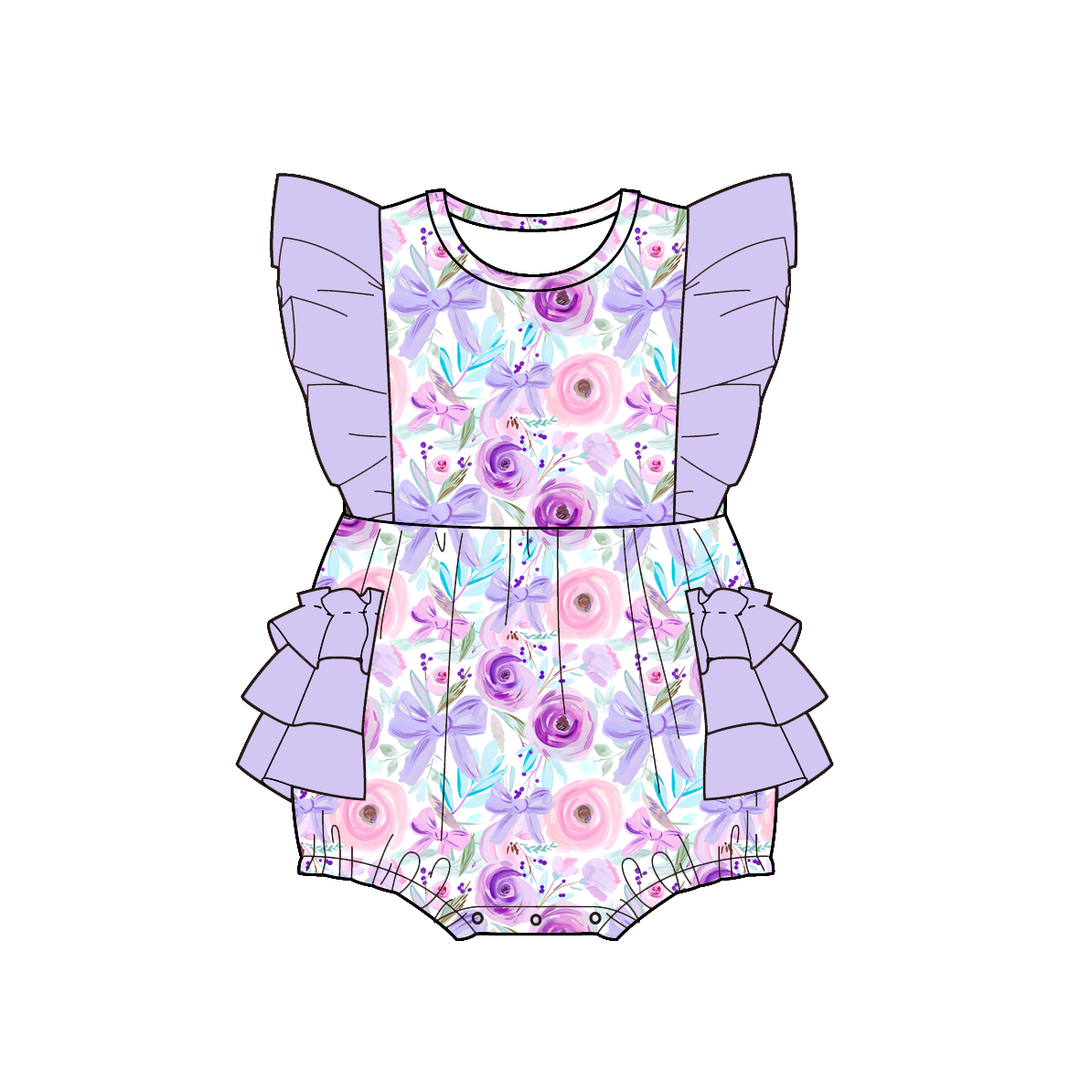 Girls' purple floral printed ruffle dress summer sibling outfits