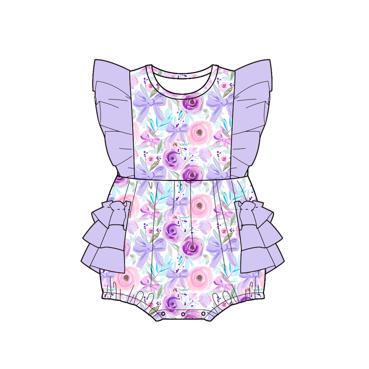 Girls' purple floral printed ruffle dress summer sibling outfits