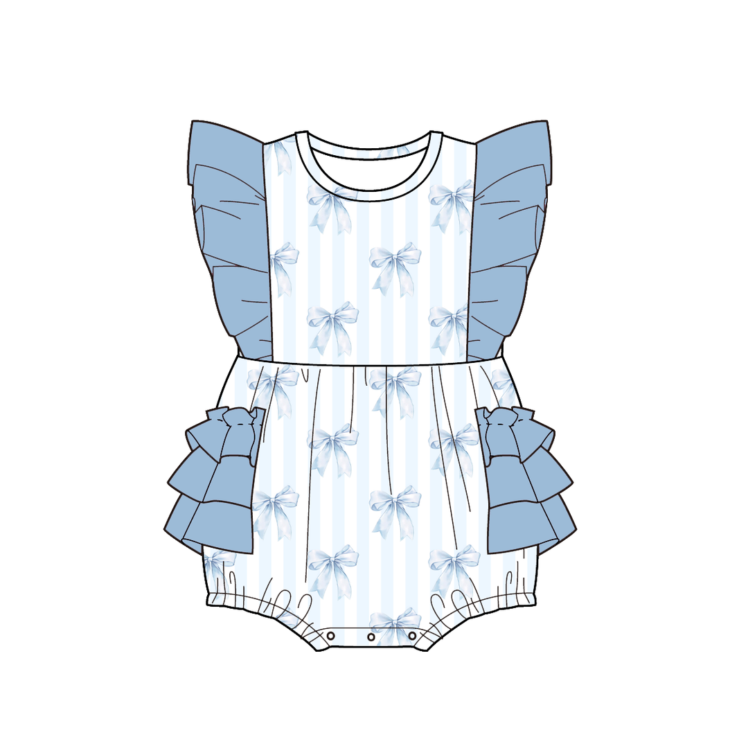Girls' blue bow printed ruffle dress summer sibling outfits