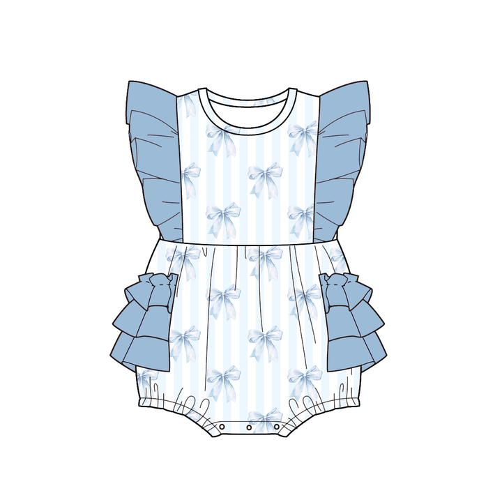 Girls' blue bow printed ruffle dress summer sibling outfits