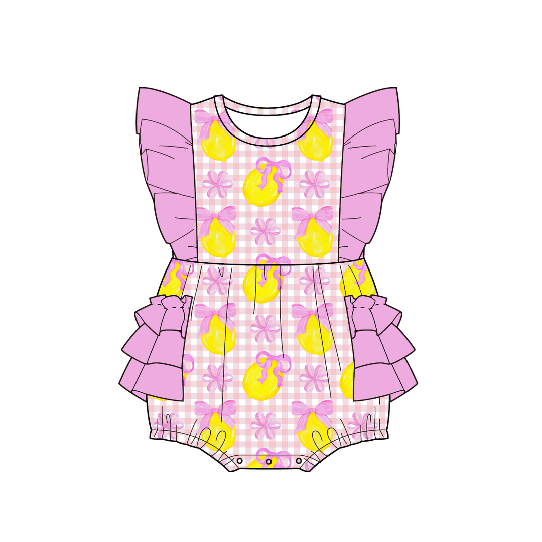 Girls' pink bow lemon printed ruffle dress sibling outfits