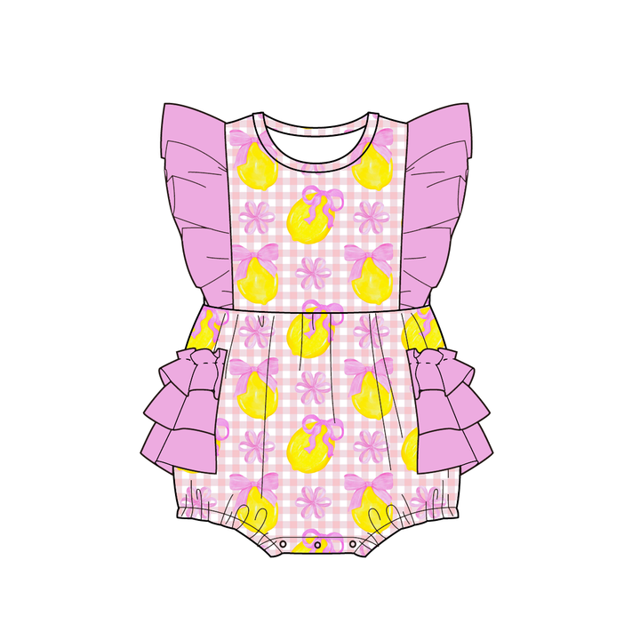 Girls' pink bow lemon printed ruffle dress sibling outfits