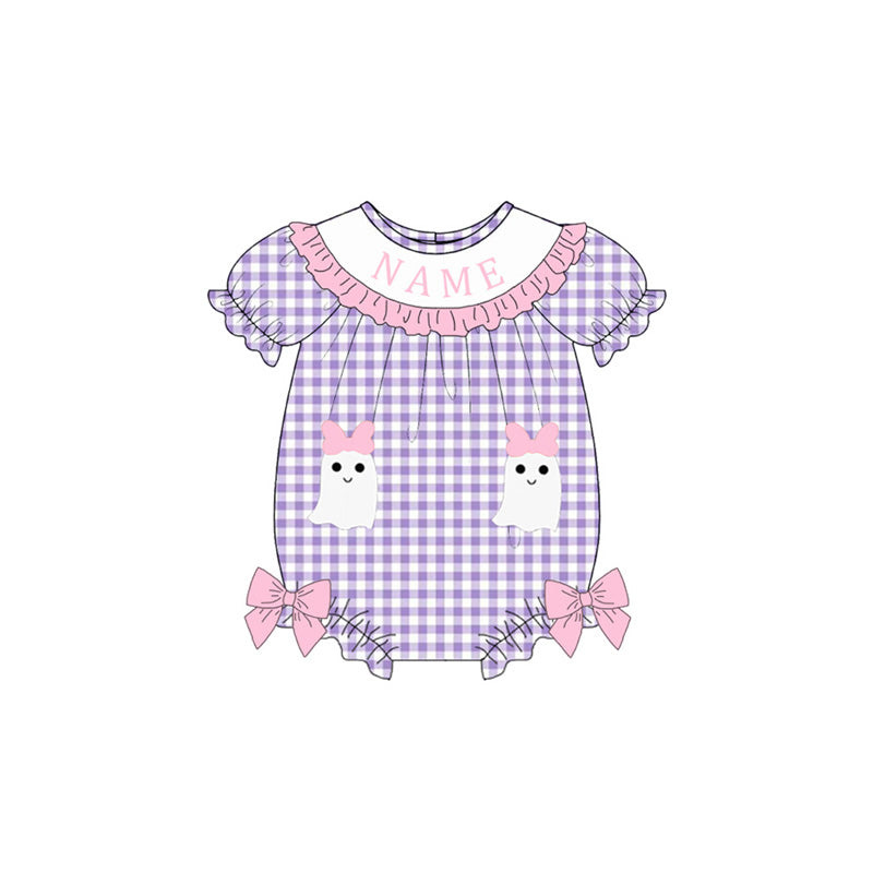 Custom Embroidered Name-Halloween Purple Plaid Ghost Dress Romper