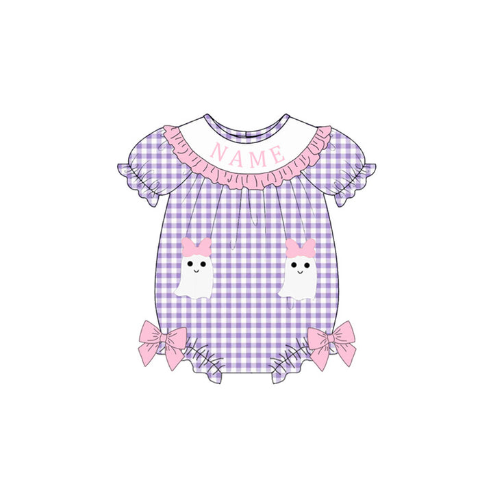 Custom Embroidered Name-Halloween Purple Plaid Ghost Dress Romper